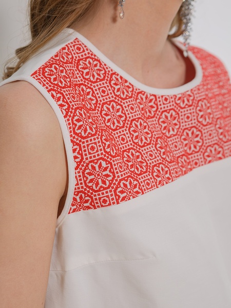 White dress with red cross-stitching, M/L